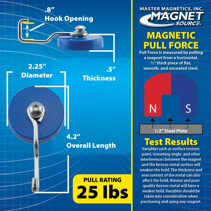 Master Magnetics Ceramic Reversible Magnetic Hooks - Strong Magnets for Hanging Lights, Garage Tools, Signs, and More - 25 lb Pull Each - 2.25" D - 1" H - Blue and Silver - 2-Pack - Image 3
